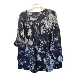 Soft Surroundings Blue Tuberosa Floral Blouse Roll Tab Sleeve Top Size 3X Plus